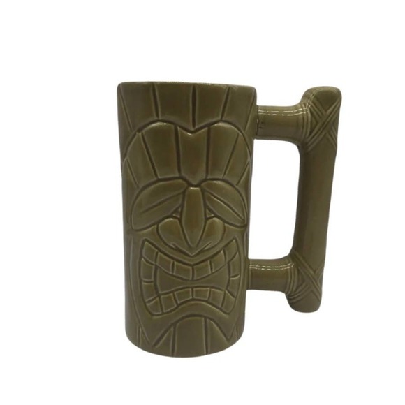 Island Heritage Tall 6 inches Ceramic Tiki Mug Cup Green Face Tribal with Handle - Picture 2 of 5